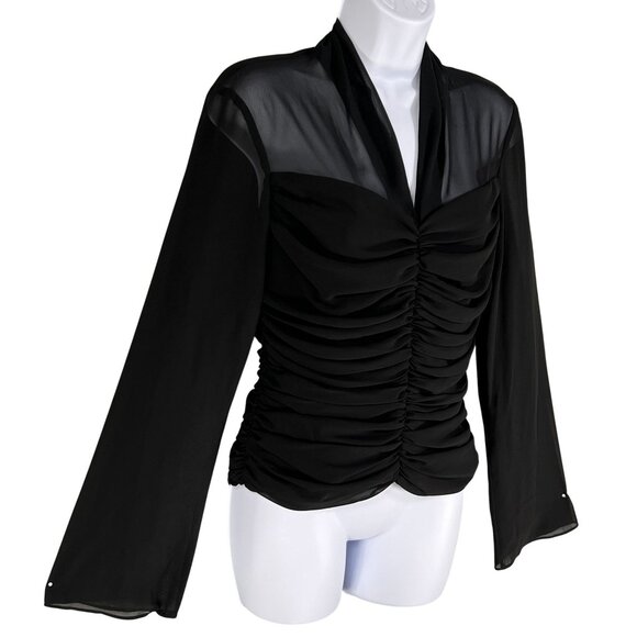 JS Boutique Womens 8 Ruched Black Long Bell Sleeve Blouse Coquette Vampy Top - Picture 9 of 16
